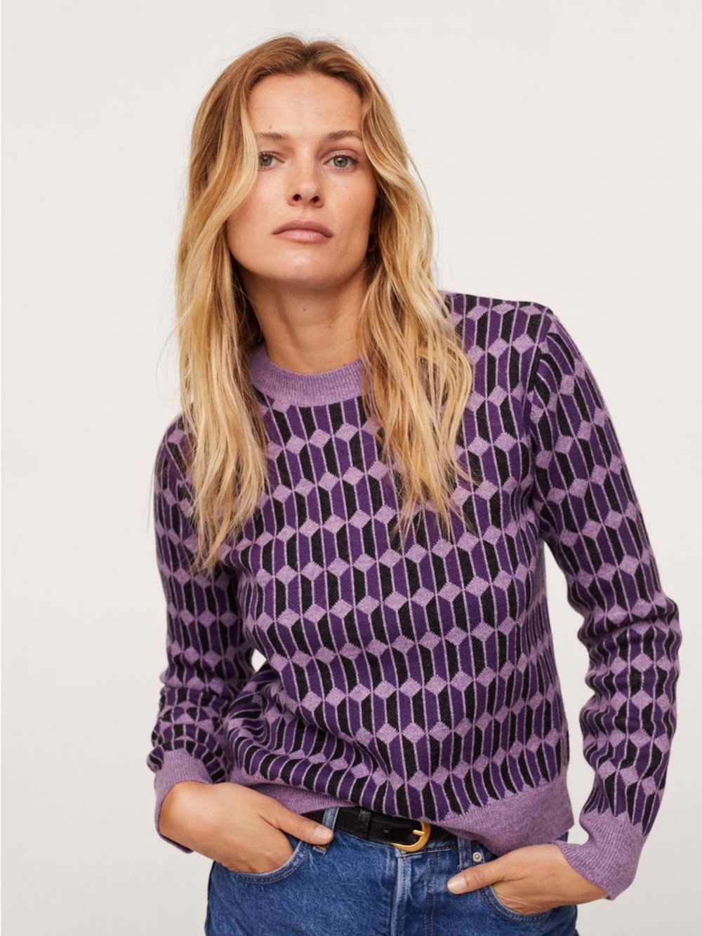MANGO Purple Geometric Knit Sweater in Size M